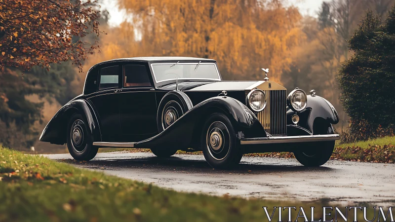 Autumn promenade with a stately black vintage Rolls-Royce.