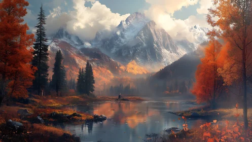 Autumnal alpine lake with misted conifers and snow peaks