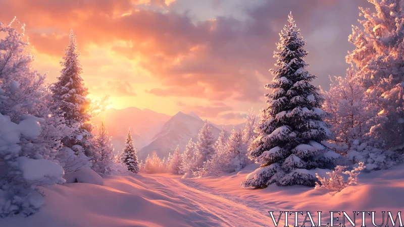 Winter forest trail glows under dramatic alpine sunset sky.