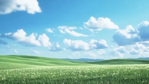 Parametric green hills under stratocumulus-dotted skyfield.