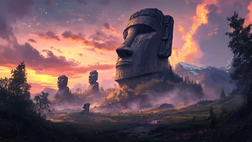 Colossal stone heads stand in a misty valley at sunset