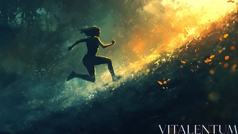 Silhouette runner ascending into luminous abstract blaze.