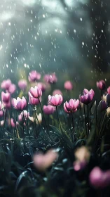 Pink Tulips In Rain. Storm Light Garden Flowers.