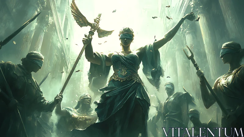 Blindfolded warrior goddess leads spectral tribunal procession