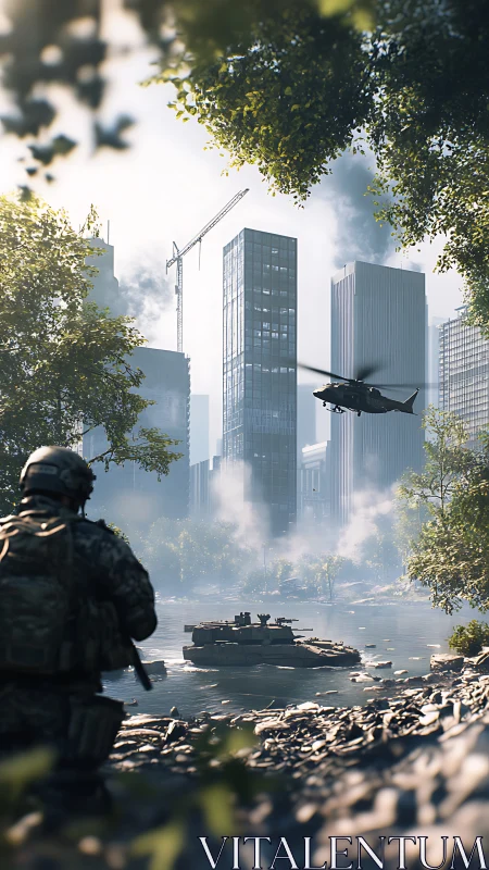 Urban river assault scene shows soldier, tank and helicopter