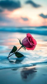 A Crimson Rose Blooms Where Ocean Meets Shore.