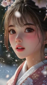 Anime girl in pink kimono under falling cherry blossoms.