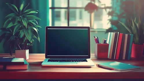 Laptop workspace glows with warm morning window light.