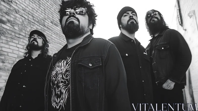 Monochrome rock band portrait with low-angle urban framing.