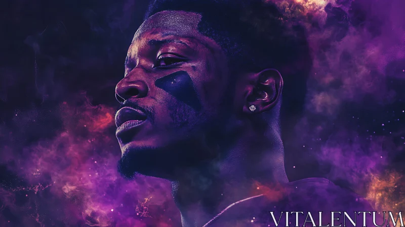Neon-lit athletic portrait merges cosmic smoke and sharp profile