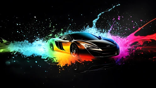 Color-charged sports car bursts through glowing paint clouds