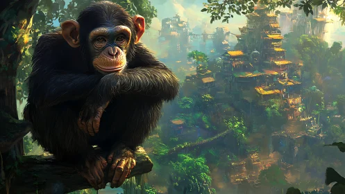 Contemplative chimpanzee overlooking intricate arboreal megacity.