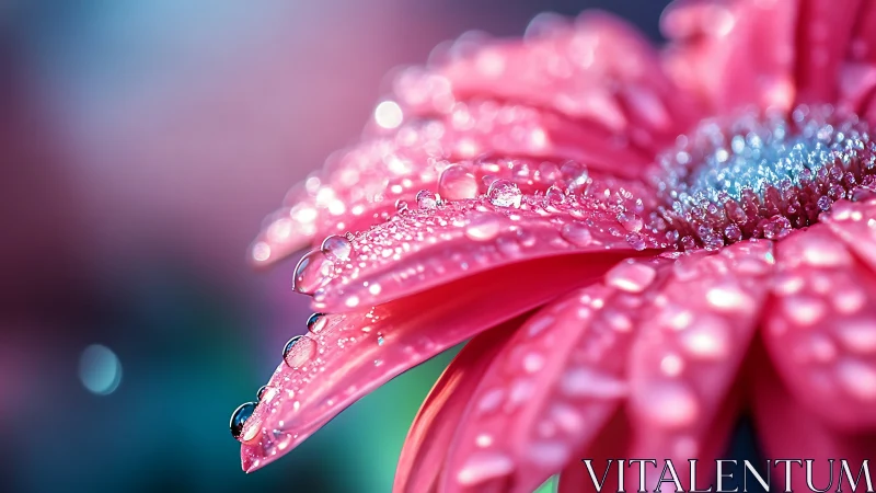 Macro study of pink daisy petals with dewdrops and bokeh highlights.
