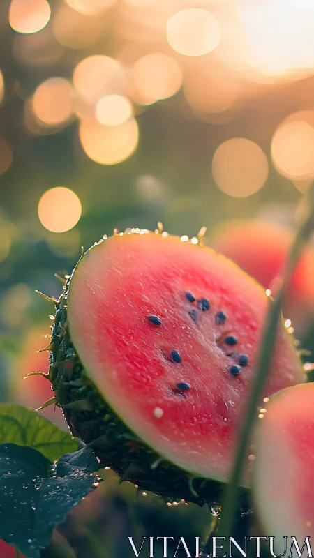 Watermelon slice hangs on vine with seeds in soft sunlight