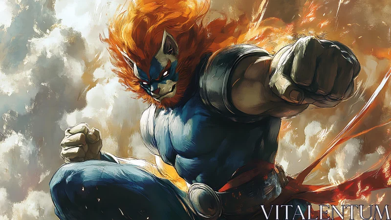 Feline warrior surges through clouds in blazing, dynamic strike.