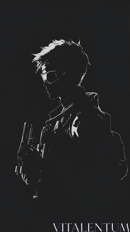 Silhouetted cyber operative with pistol in hard rim lighting.