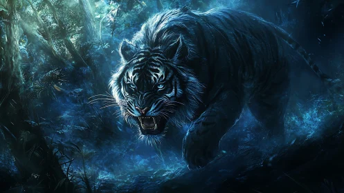 Snarling blue tiger stalks through bioluminescent jungle night