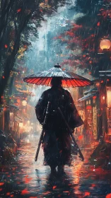 Rain-soaked ronin under ember umbrella on neon dusk street.