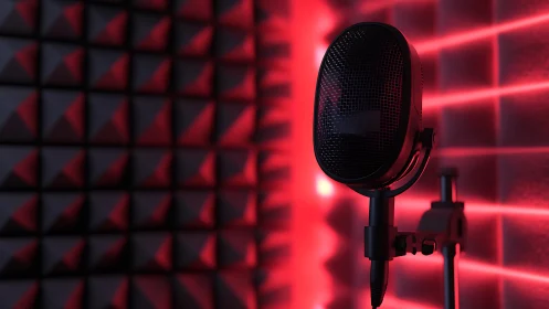 Studio condenser microphone glows against neon acoustic grid