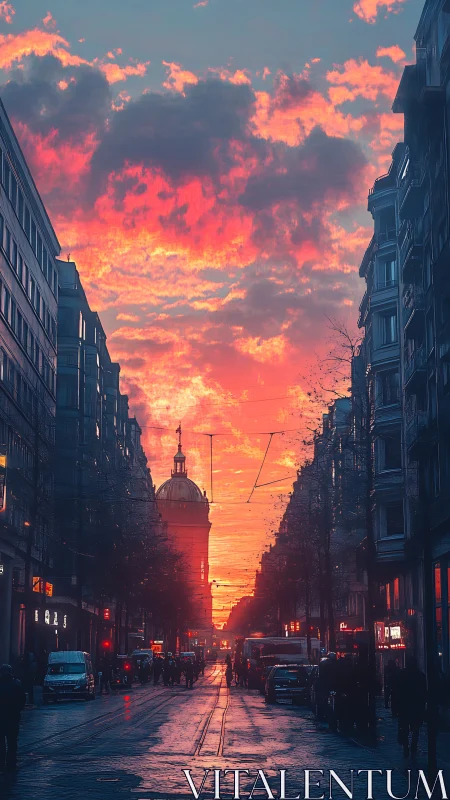 Urban street corridor aligns with central dome at sunset