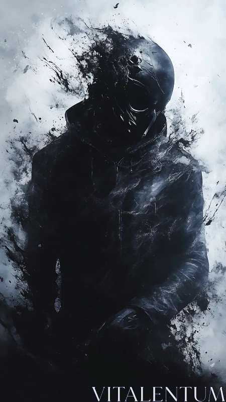 Midnight figure dissolving into swirling shadow clouds.