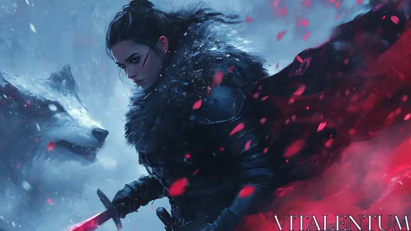 Warrior huntress strides through snow with spectral wolf guardian.