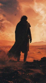 Silhouetted wanderer surveys volcanic desert under ember-laden sky