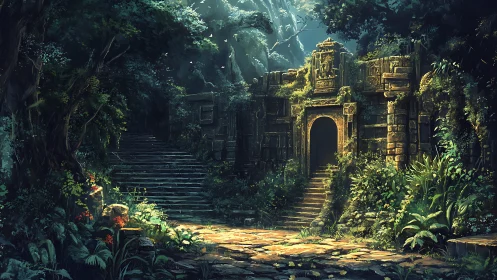 Ancient jungle temple entrance under dappled golden light