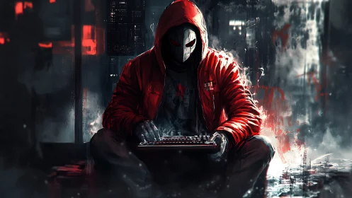 Masked cyberpunk hacker types on keyboard in red jacket