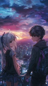 Twilight rooftop cityscape with anime teens facing sunset