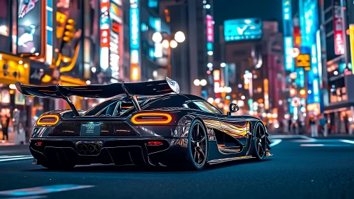Hypercar prowling neon city streets at midnight.