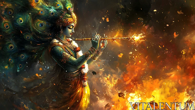 Divine flutist radiates firelit peacock energy and grace.