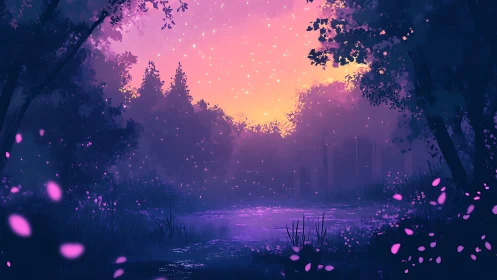 Twilight forest pond with bioluminescent petals and haze glow