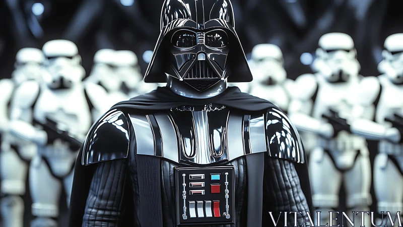 Dark armored commander leads chrome-clad troopers.