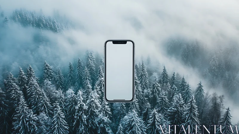 Smartphone display positioned against snow-covered coniferous forest landscape