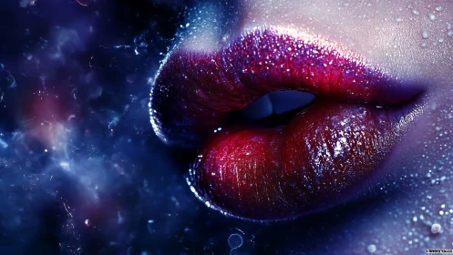 Cosmic macro close-up of glittering red glossy lips.