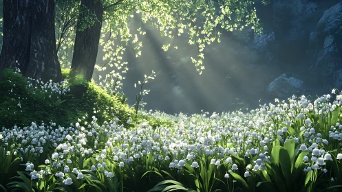 Sunlit woodland clearing with lilies and volumetric rays.