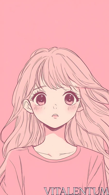 Soft monochrome anime girl portrait in pink tones.