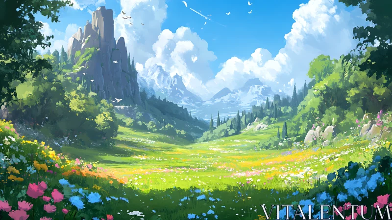 Digital painting depicts wide alpine meadow and distant peaks