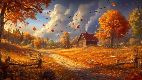 Autumnal rural lane with cabin, avian flock and falling foliage.