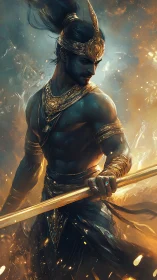 Mythic blue-skinned warrior with golden staff in luminous aura