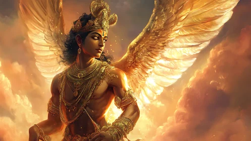 Winged golden figure stands in radiant, cloud filled sky