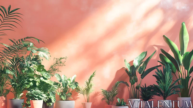 Sunlit houseplants gathered against a soft coral wall.