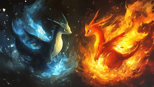 Elemental dragon duel unfolds in swirling fire and water.