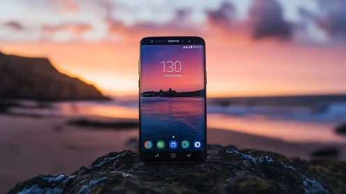 Samsung smartphone on rock displays vibrant coastal sunset