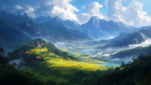 Sunlit rice terraces beneath towering blue mountainscape.