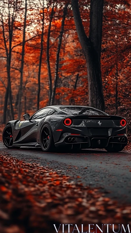Black sports coupe on forest road in autumn foliage setting.