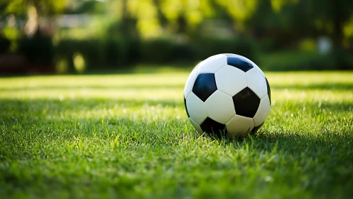Classic soccer ball rests on sunlit green field in summer