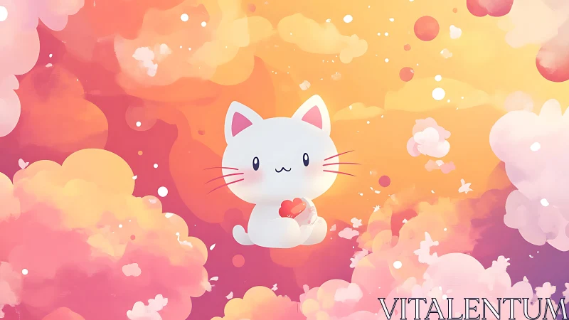 Kawaii Cat Character with Heart: Warm Gradient Digital Illustration