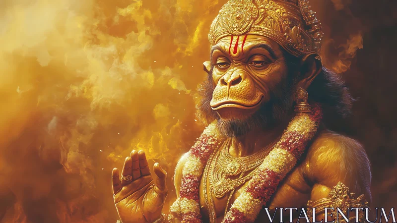 Golden simian deity portrait radiates divine calm in flames